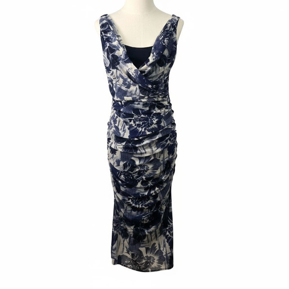 Jean Paul Gaultier Soleil Mesh Ruched Floral Bodycon Dress Blue White Y2K Size M - Picture 1 of 8